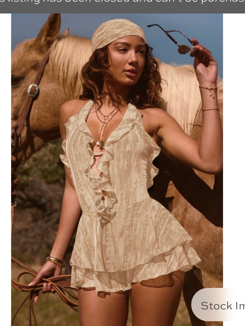 Oh Polly Morgaine Ruffled Plunge Halter Romper Tan Print M NWT